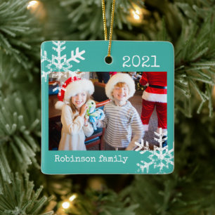 Rustic Snowflake Family Blauwgroen Keramisch Ornament