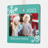 Rustic Snowflake Family Blauwgroen Keramisch Ornament (Links)