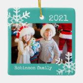 Rustic Snowflake Family Blauwgroen Keramisch Ornament (Voorkant)