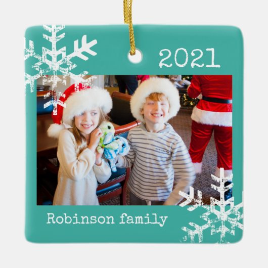 Rustic Snowflake Family Blauwgroen Keramisch Ornament (Voorkant)