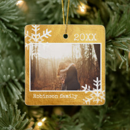 Rustic Snowflake Family Gold Keramisch Ornament