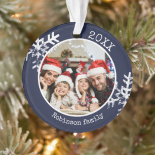 Rustic Snowflake Navy Blue Photo met kerstmis Ornament