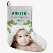Rustic Snowflake Pine Baby`s First Christmas Photo Grote Kerstsok (Voorkant)