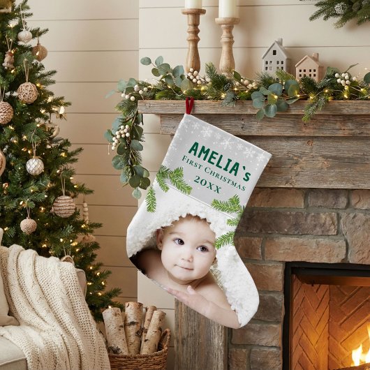 Rustic Snowflake Pine Baby`s First Christmas Photo Grote Kerstsok