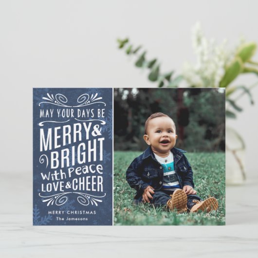 Rustic Snowflakes Merry en Bright Blue | Foto Feestdagenkaart (Staand voorkant)