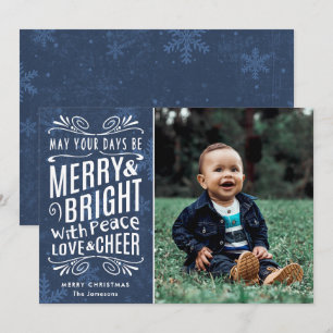 Rustic Snowflakes Merry en Bright Blue   Foto Feestdagenkaart