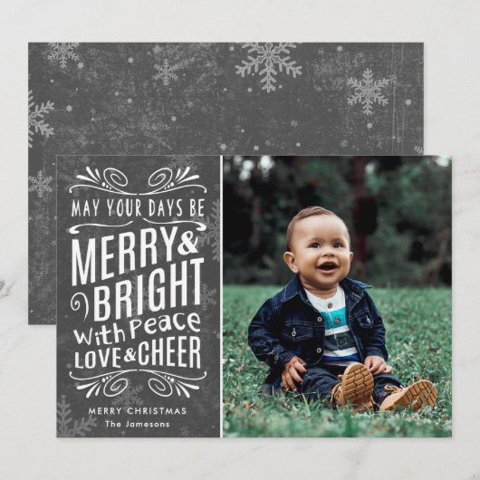 Rustic Snowflakes Merry en Bright Grey | Foto Feestdagenkaart (Voorkant / Achterkant)