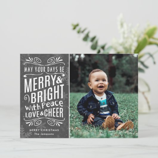 Rustic Snowflakes Merry en Bright Grey | Foto Feestdagenkaart (Staand voorkant)