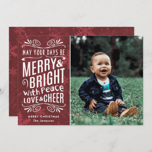 Rustic Snowflakes Merry en Bright Red   Foto Feestdagenkaart