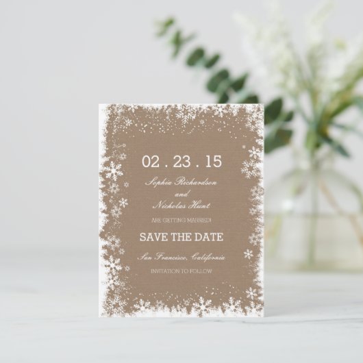 Rustic Snowflakes Winter Save the Date Cards (Staand voorkant)