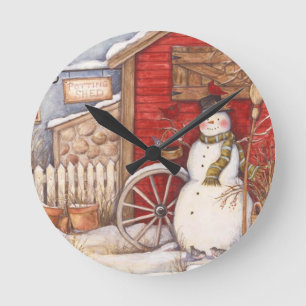 Rustic Snowman Winter Scene Ronde Klok