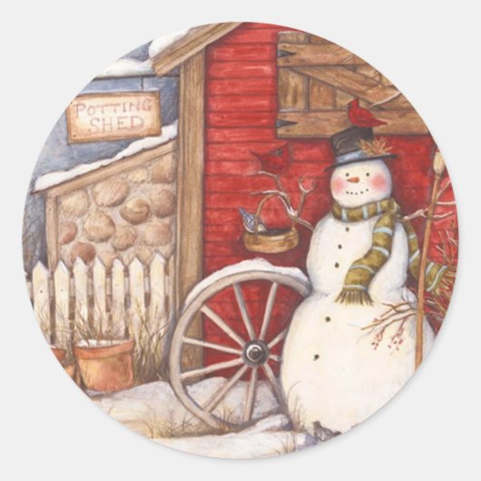 Rustic Snowman Winter Scene Ronde Sticker (Voorkant)