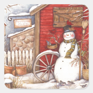 Rustic Snowman Winter Scene Vierkante Sticker