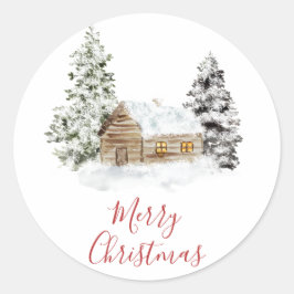 Rustic Snowy Cabin Merry kerstkaartjes Ronde Sticker