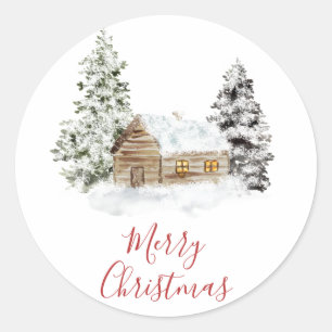 Rustic Snowy Cabin Merry kerstkaartjes Ronde Sticker