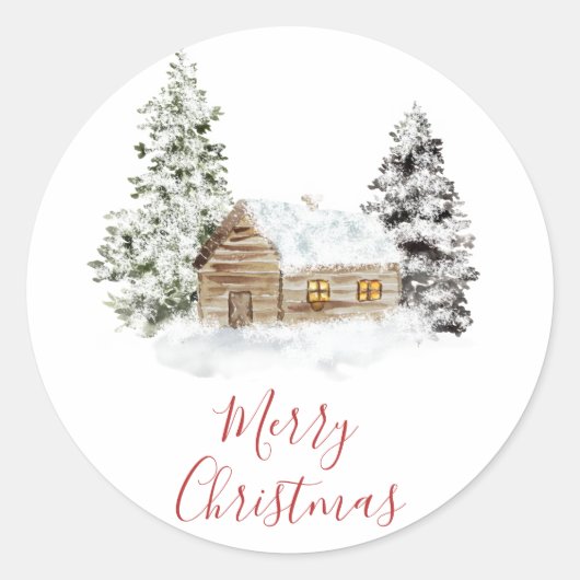 Rustic Snowy Cabin Merry kerstkaartjes Ronde Sticker (Voorkant)
