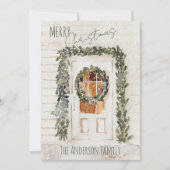 Rustic Snowy Merry Kerstmis met voordeur Hol Feestdagenkaart (Voorkant)