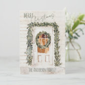 Rustic Snowy Merry Kerstmis met voordeur Hol Feestdagenkaart (Staand voorkant)