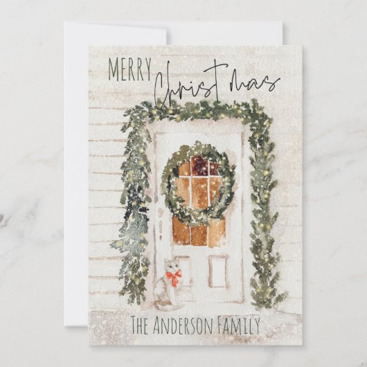 Rustic Snowy Merry Kerstmis met voordeur Kat Feestdagenkaart (Voorkant)