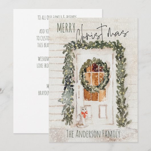 Rustic Snowy Merry Kerstmis met voordeur Kat Feestdagenkaart (Voorkant / Achterkant)