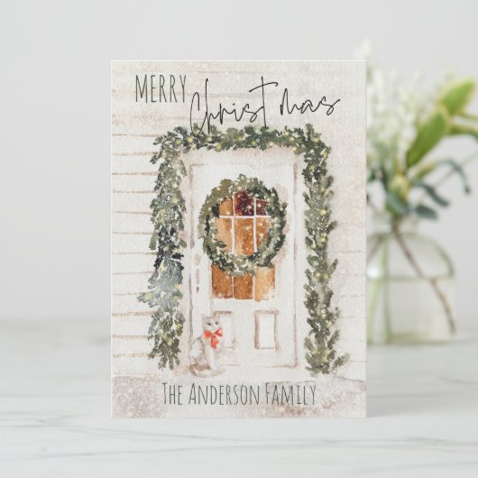Rustic Snowy Merry Kerstmis met voordeur Kat Feestdagenkaart (Staand voorkant)