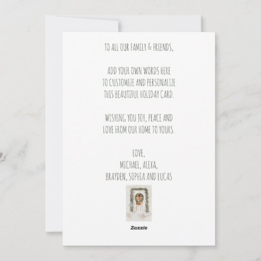 Rustic Snowy Merry Kerstmis met voordeur Kat Feestdagenkaart (Achterkant)