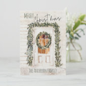 Rustic Snowy Merry Kerstmis Voorste deur Feestdagenkaart (Staand voorkant)