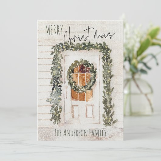 Rustic Snowy Merry Kerstmis Voorste deur Feestdagenkaart (Staand voorkant)