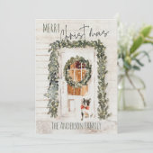 Rustic Snowy Merry Kerstmis, voorste deurhond Feestdagenkaart (Staand voorkant)