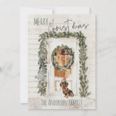 Rustic Snowy Merry Kerstmis, voorste deurhond Feestdagenkaart (Voorkant)