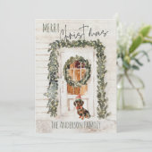 Rustic Snowy Merry Kerstmis, voorste deurhond Feestdagenkaart (Staand voorkant)