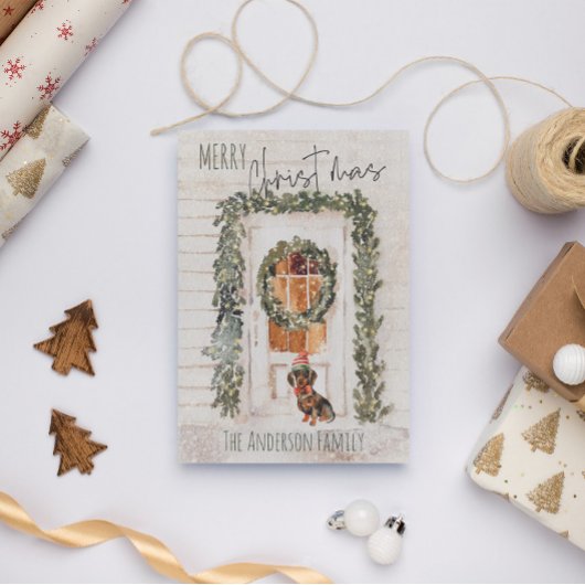 Rustic Snowy Merry Kerstmis, voorste deurhond Feestdagenkaart