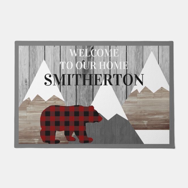 Rustic Snowy Mountains Buffalo Check Beer Family Deurmat (Voorkant)