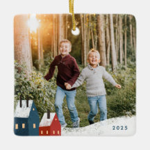 Rustic Snowy Village Scene Photo Ceramic Ornament