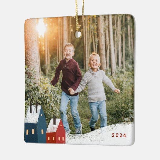 Rustic Snowy Village Scene Photo Ceramic Ornament (Links)