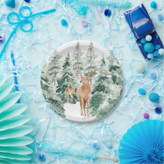 Rustic Snowy Winter Woodland Deer Papieren Bordje (Feest)