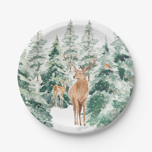 Rustic Snowy Winter Woodland Deer Papieren Bordje (Voorkant)