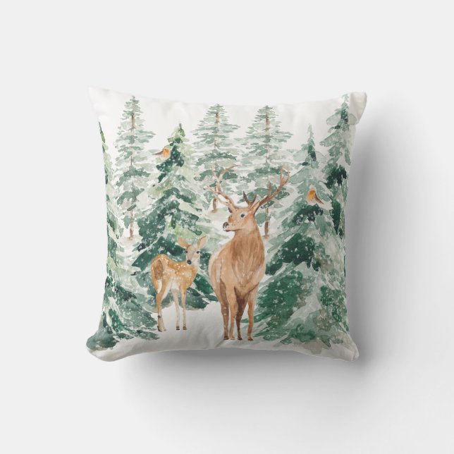 Rustic Snowy Winter Woodland Deer Sierkussen (Voorkant)