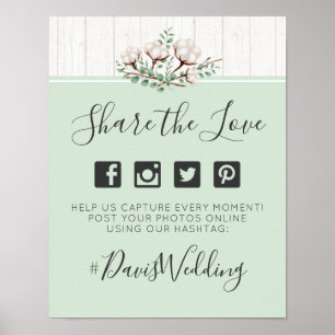 Rustic Southern Cotton Wedding Hashtag Foto Sign Poster