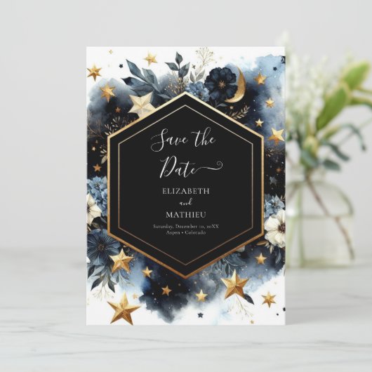 Rustic Space hemelse bruiloft Save The Date (Staand voorkant)