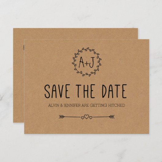 Rustic Sparen de Datum/het Papier van het Kraft sp Aankondigingskaart (Voorkant / Achterkant)