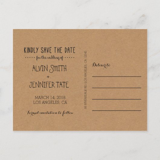 Rustic Sparen de Datum/het Papier van het Kraft sp Aankondigingskaart (Achterkant)