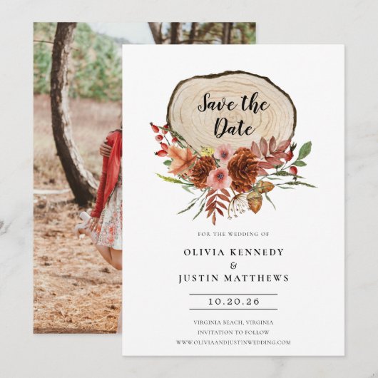 Rustic sparen de Herfst van de Datum de FloralHout Kaart (Voorkant / Achterkant)