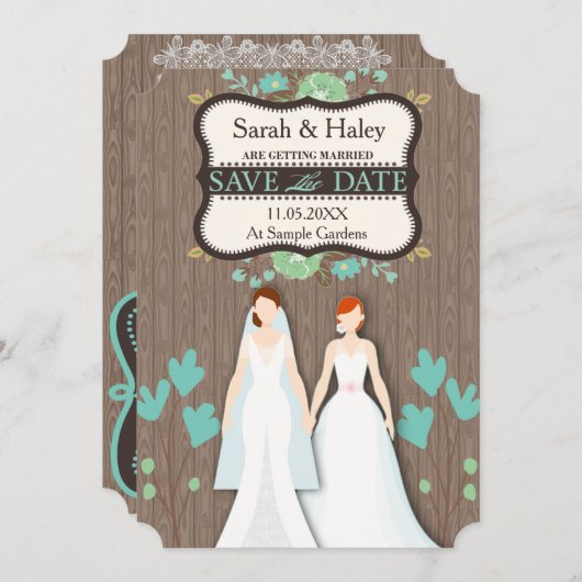 Rustic sparen de Kaart van de Datum, Twee Brides (Voorkant / Achterkant)