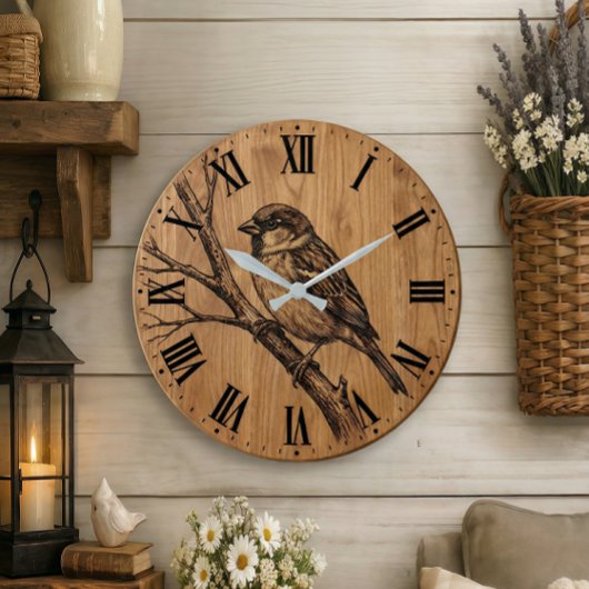 Rustic Sparrow on Branch Wall Clock Grote Klok