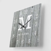 Rustic Specialized Gray Wood Farmhouse Monogram Vierkante Klok (Hoek)