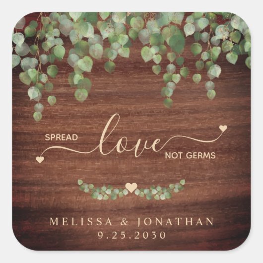 Rustic Spread Love Not Germs Eucalyptus Wedding Vierkante Sticker (Voorkant)