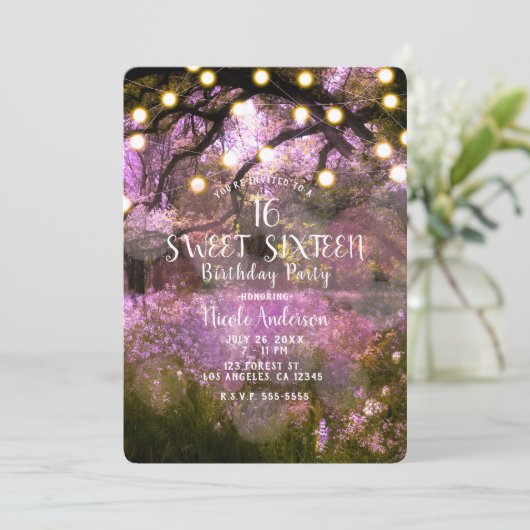 Rustic Spring Enchanted Forest Lights Sweet 16 Kaart (Staand voorkant)