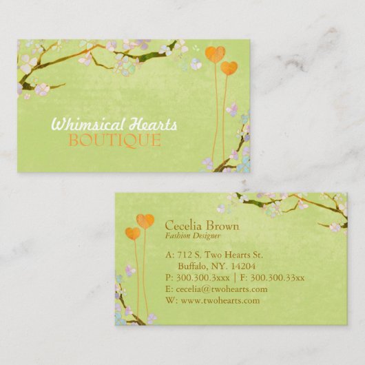 Rustic Spring Green Two Hearts Visitekaartje (Voorkant / Achterkant)