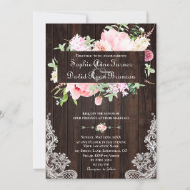 Rustic Spring Pink Flowers Wood Lace Wedding Kaart